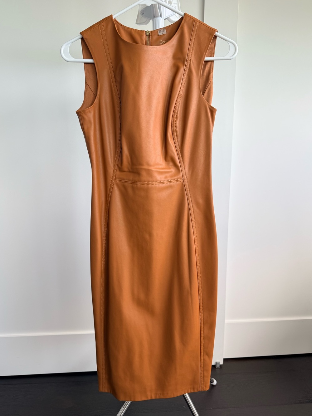 Calvin Klein Sleeveless Faux Leather Midi Dress in Cognac Brown